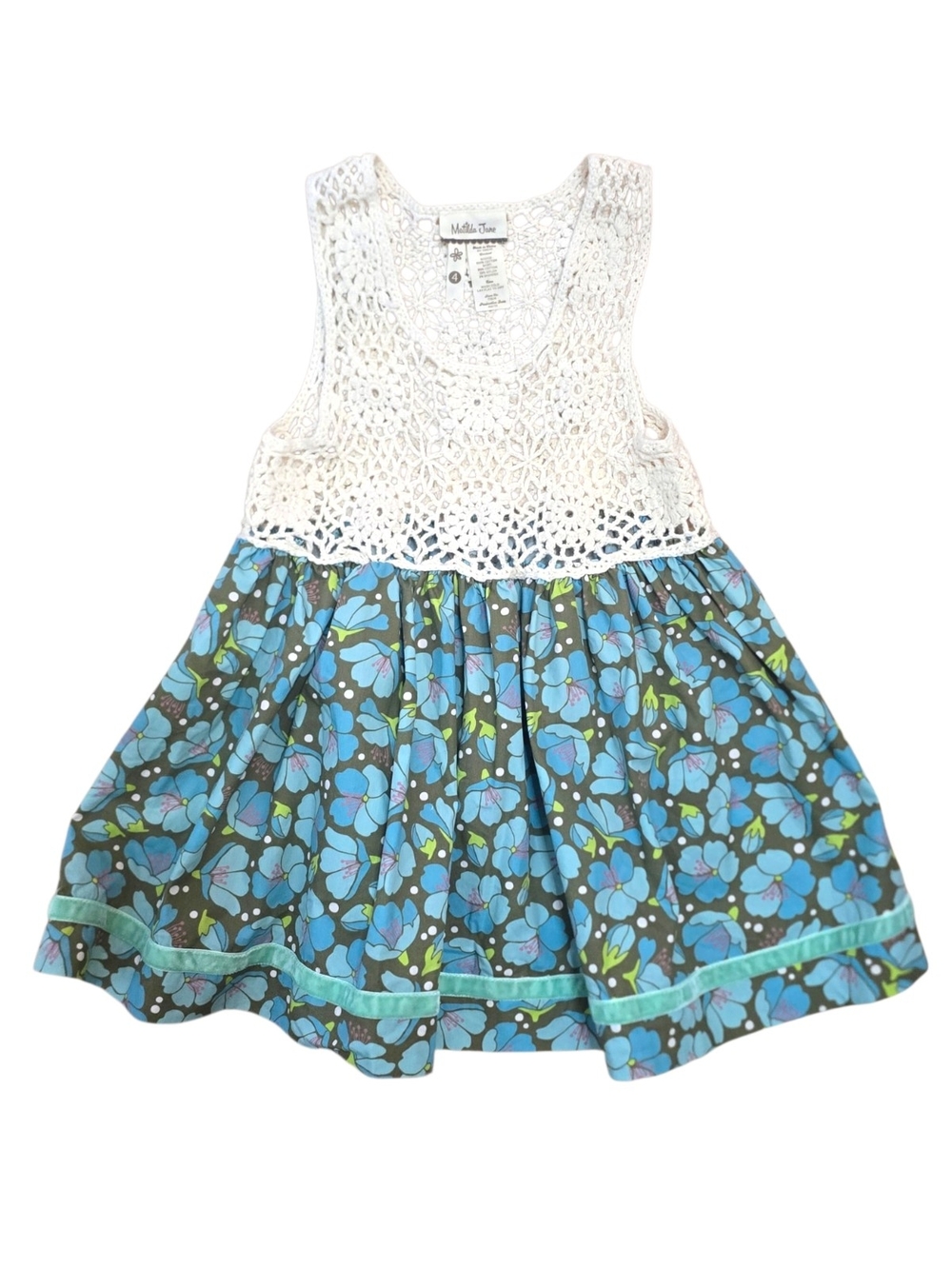 Matilda Jane Blue Floral Ivory Crochet Dress Girls Size 4 - Picture 2 of 6